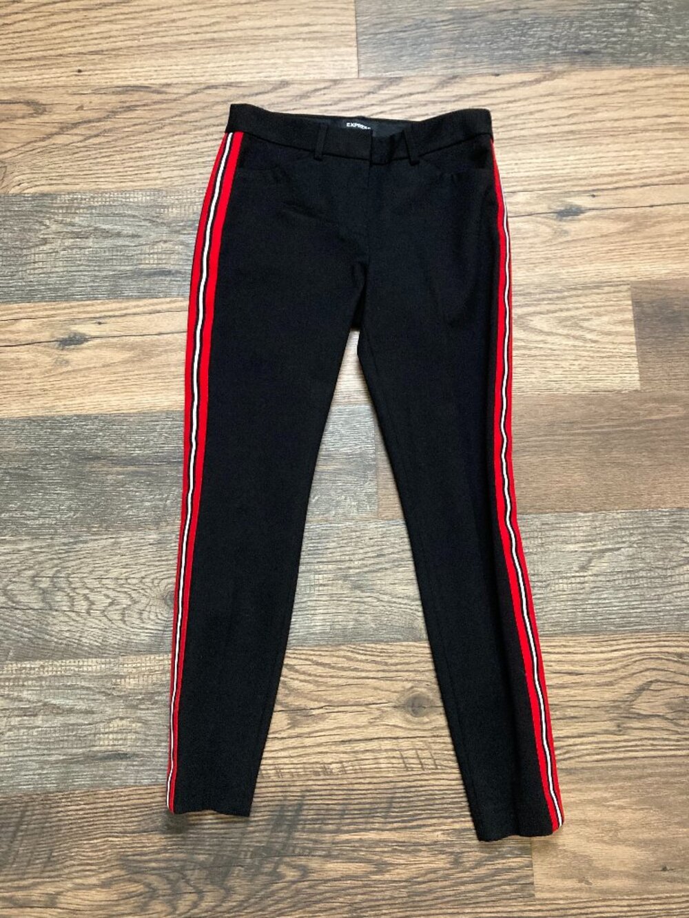 Express Racing Stripe Mid Rise Skinny Pant Women’s Sz 6 Black Red Stretch Street